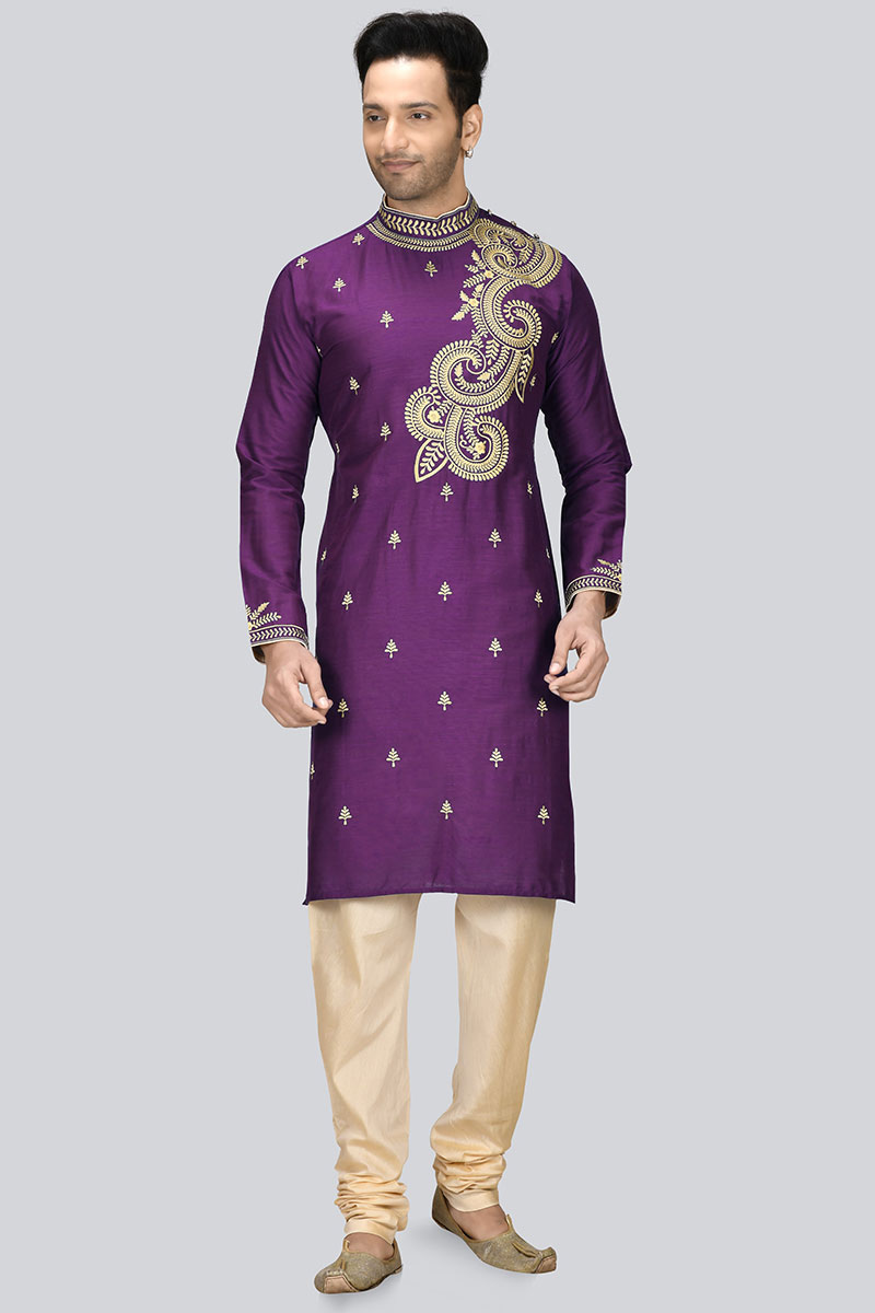 Purple Dupion Silk Embroidered Men Kurta Pajama
