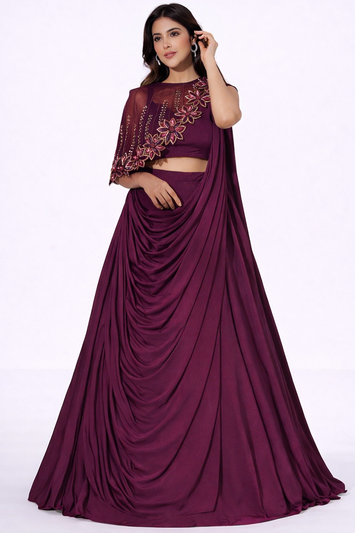 Andaaz Fashion Women's Purple Lycra Indo-Western A-Line Lehenga with Cutdana Work for Wedding Andaaz Fashion Women's Purple Lycra Indo-Western A-Line Lehenga with Cutdana Work for Wedding