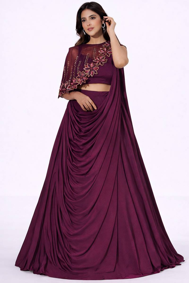 a line indo western dress Purple Lycra Indo-Western A-Line Lehenga with Cutdana Work for Wedding this ensemble balances tradition Long Gowns Asymmetrical Neckline Satin Prom Size:36 X Small