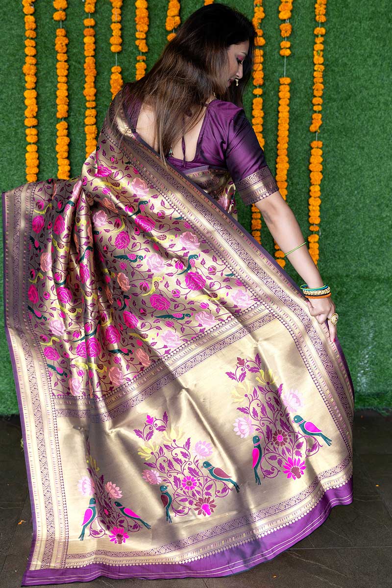 Free Shipping offers Purple Silk Saree Beautiful Floral & Peacock weaved Pattern Zari Indian Clothing Antique Kanchipuram Style Wedding Wear 5Yrd