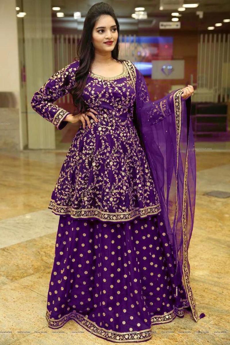 Purple cheapest Colour Lehengha, Tafeta silk with Heavy Lehengha Embroidered work With embroidered sleeve ,Exclusive Four Side Embroidery Less Border