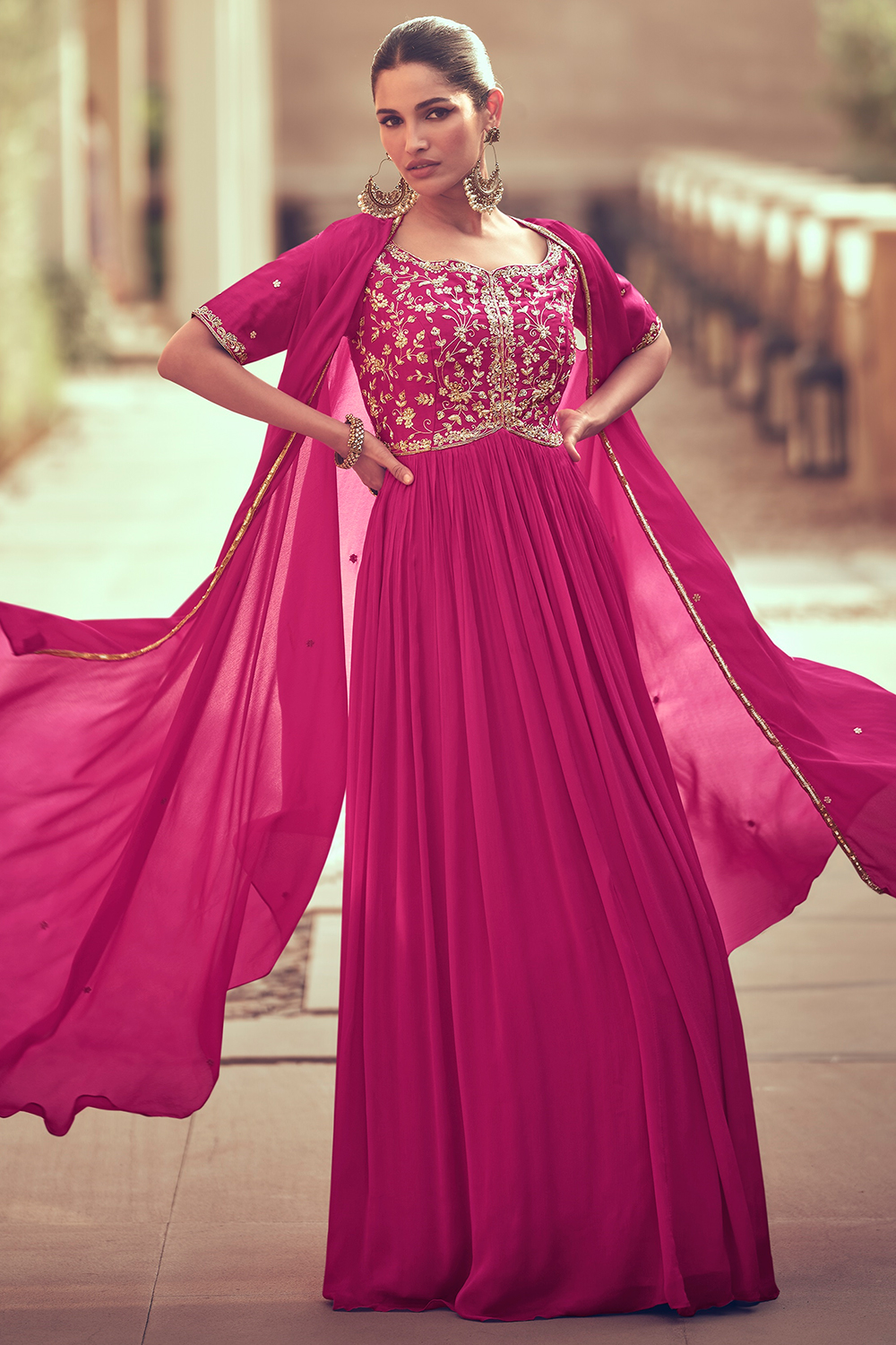 Rani Pink Georgette Dabka Work Anarkali Suit With Jacket