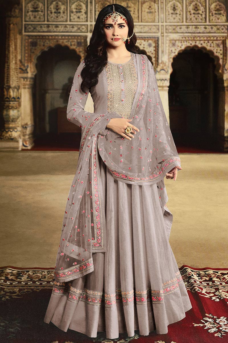 Raw Silk Anarkali Suit In Light Lilac Purple Color