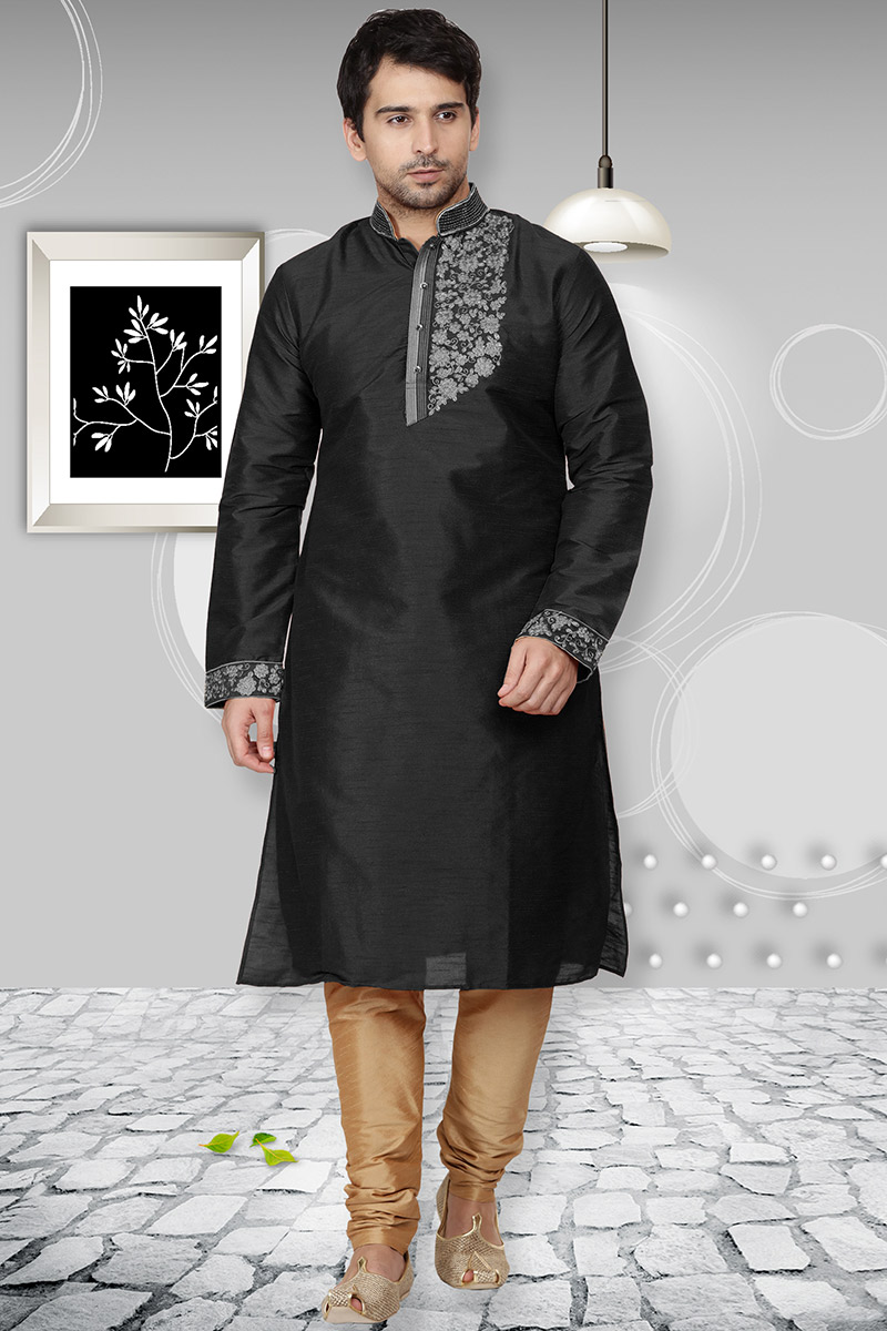 Raw Silk Mens Kurta Pajama Indian Ethnic Look Long Kurta Pajama Set 