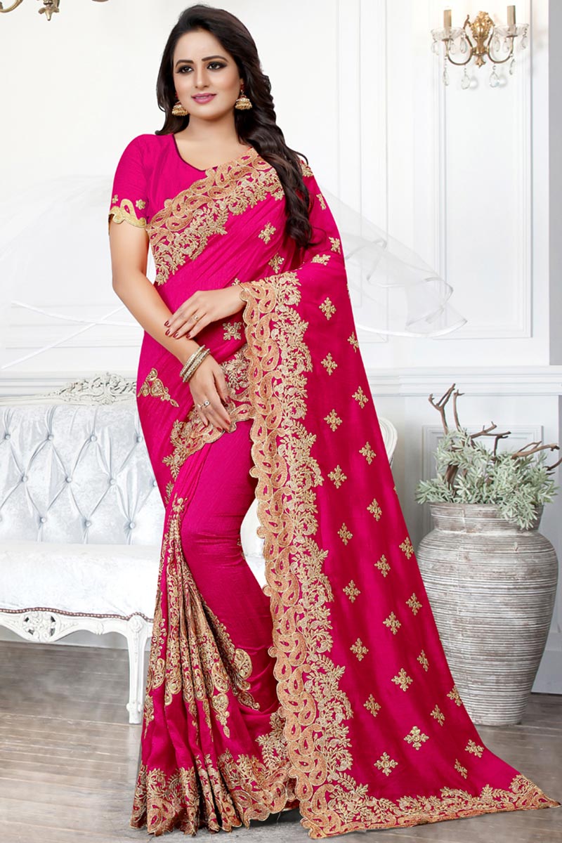 Buy Raw Silk Wedding Wear Saree In Rani ...