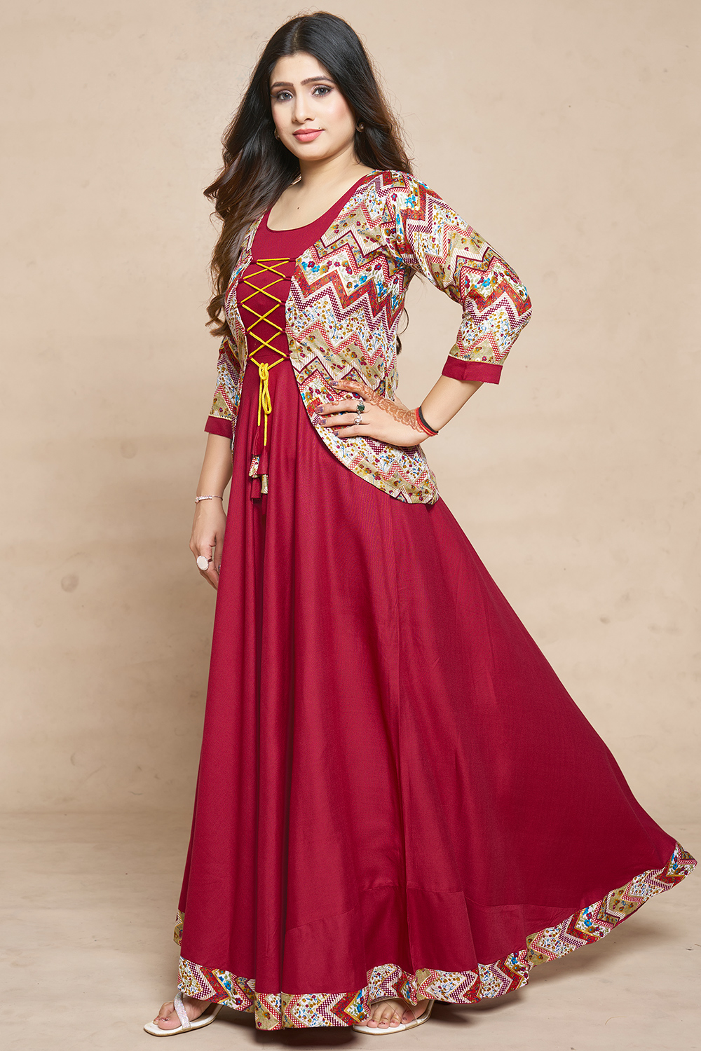 Rayon Cherry Red Gown With Printed Jacket LSTV130960