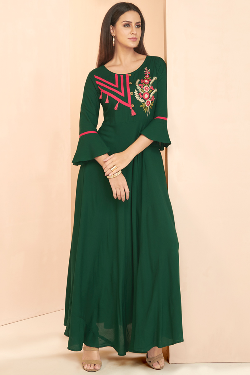 Bottle Green Geometric Printed Kurti with Trousers Sets