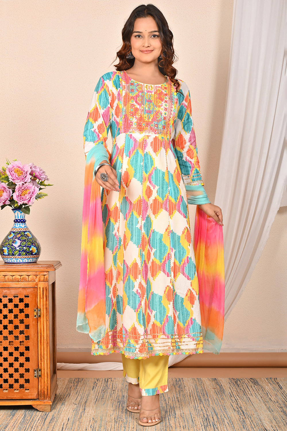 Rayon Multi Color Printed Frock Style Straight Pant Suit LSTV131519