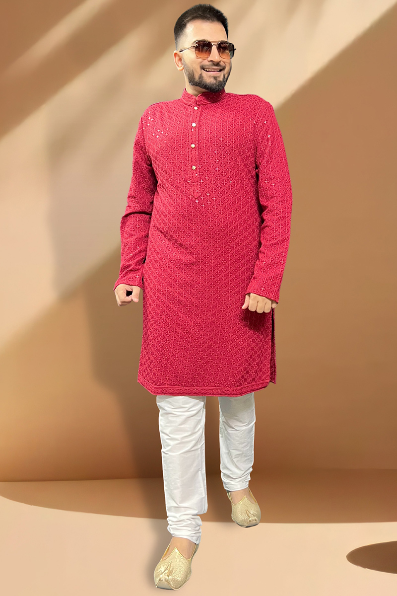 Rayon Ruby Red Embroidered Straight Cut Men s Kurta Churidar MKPA05685