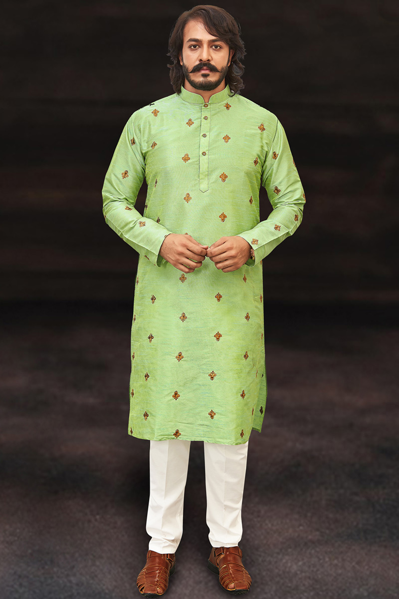 Ready to Wear Kurta Pajama for Eid Party in Light Perrot Green Color