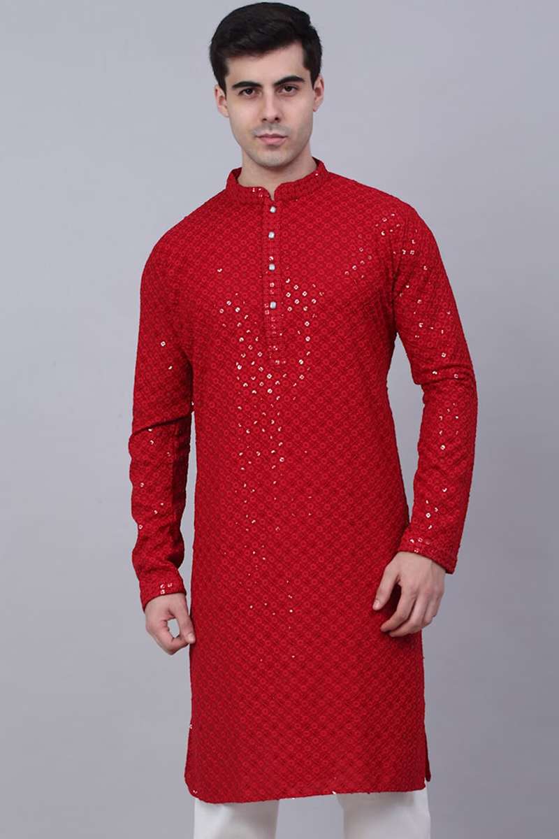 Red Embroidered Chikankari Georgette Men Kurta 