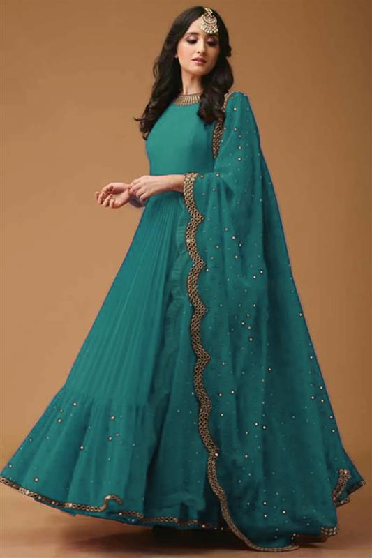 Trending Anarkali Suit in Peacock Blue Embroidered Fabric LSTV113260