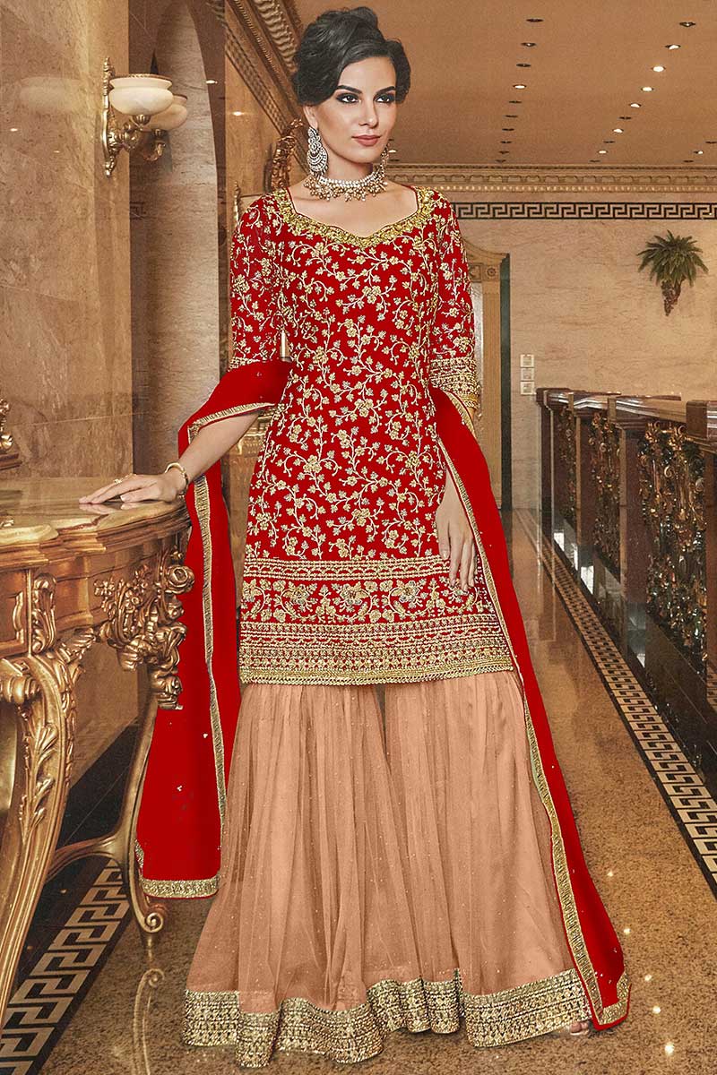 Buy Red Georgette Sharara Suit With Resham Work Online - LSTV05630 | Andaaz  Fashion
