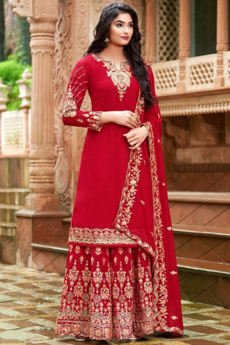 Trendy Red Sharara Suit with Sequins, Resham and Zari Work LSTV116161