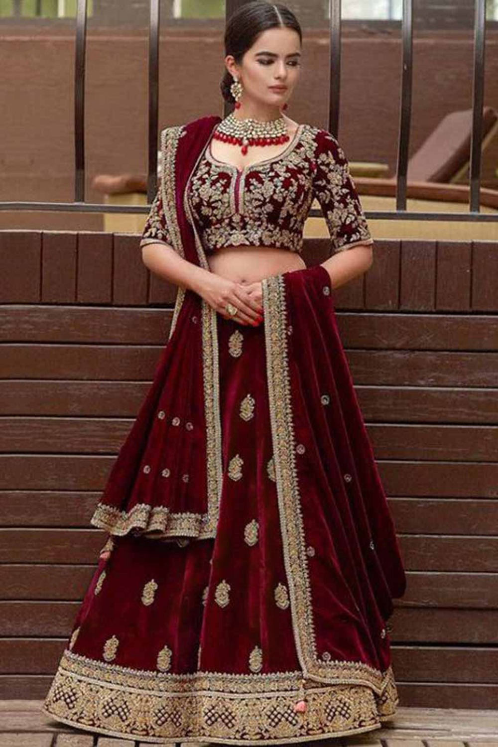Buy Red Velvet Lehenga with Velvet Choli Online LSTV01320