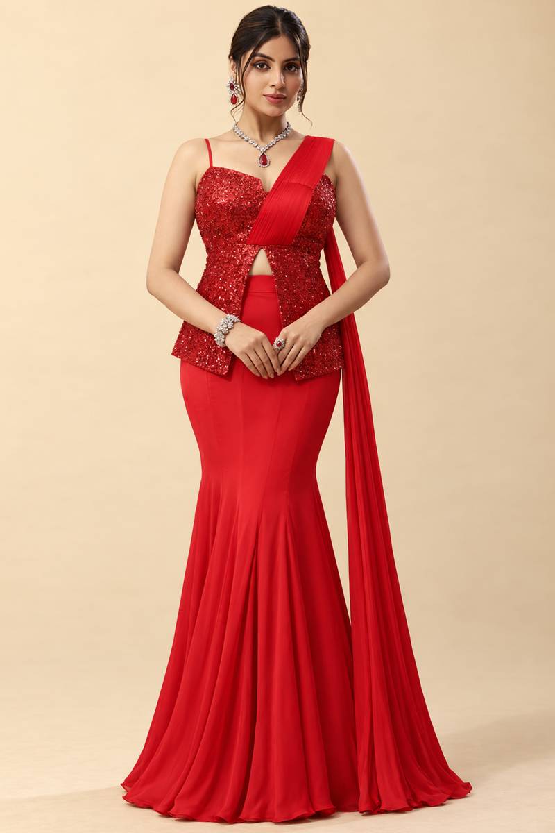 Red Satin Indo Western Pre-Draped Saree For Cocktail