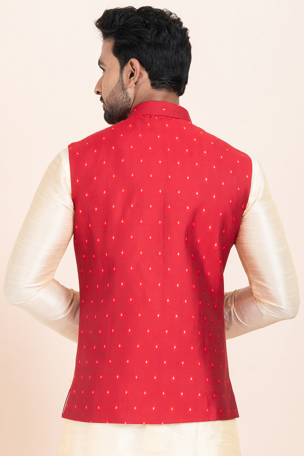 Red Silk Blend Weave Zari Waistcoat For Men MWCV0514