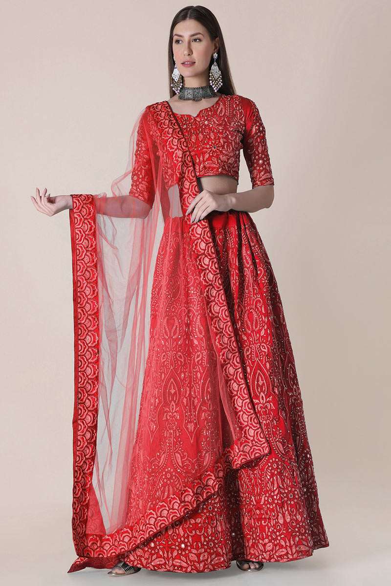 Taffeta Silk Lehenga in Red colour with Pearl Work for Wedding 