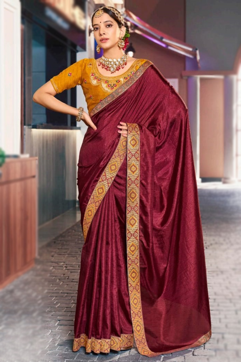 Elegant Wine Maroon Silk Saree with Mustard Yellow Blouse |SARV156615