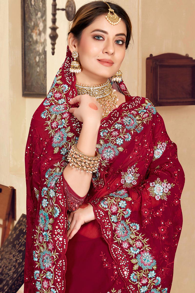 Resham Embroidered Burgundy Maroon Georgette Heavy Saree|SARV168837