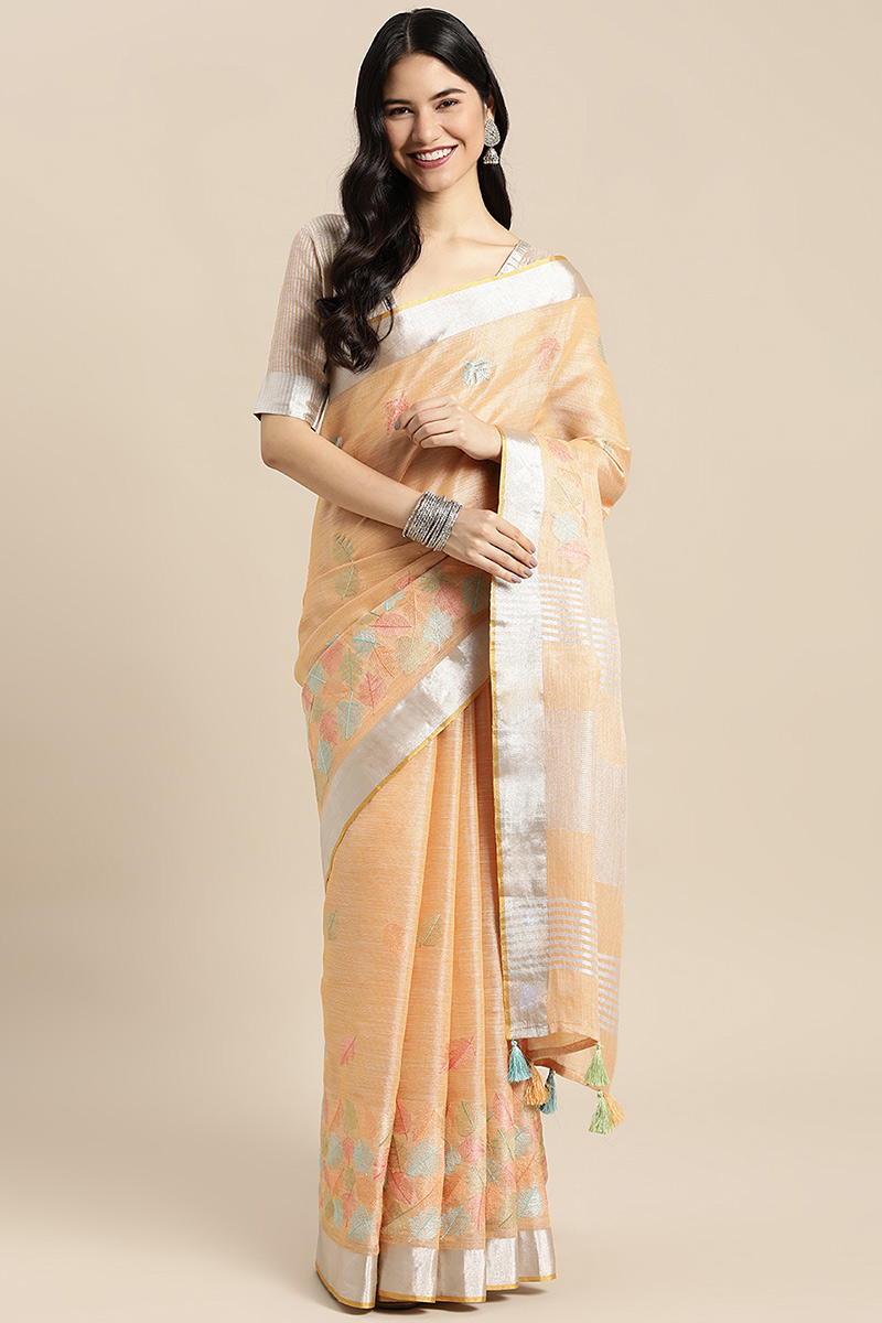 Orange outlet linen saree with resham embroidery