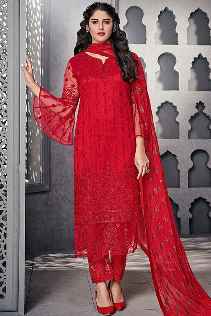 next red trouser suit