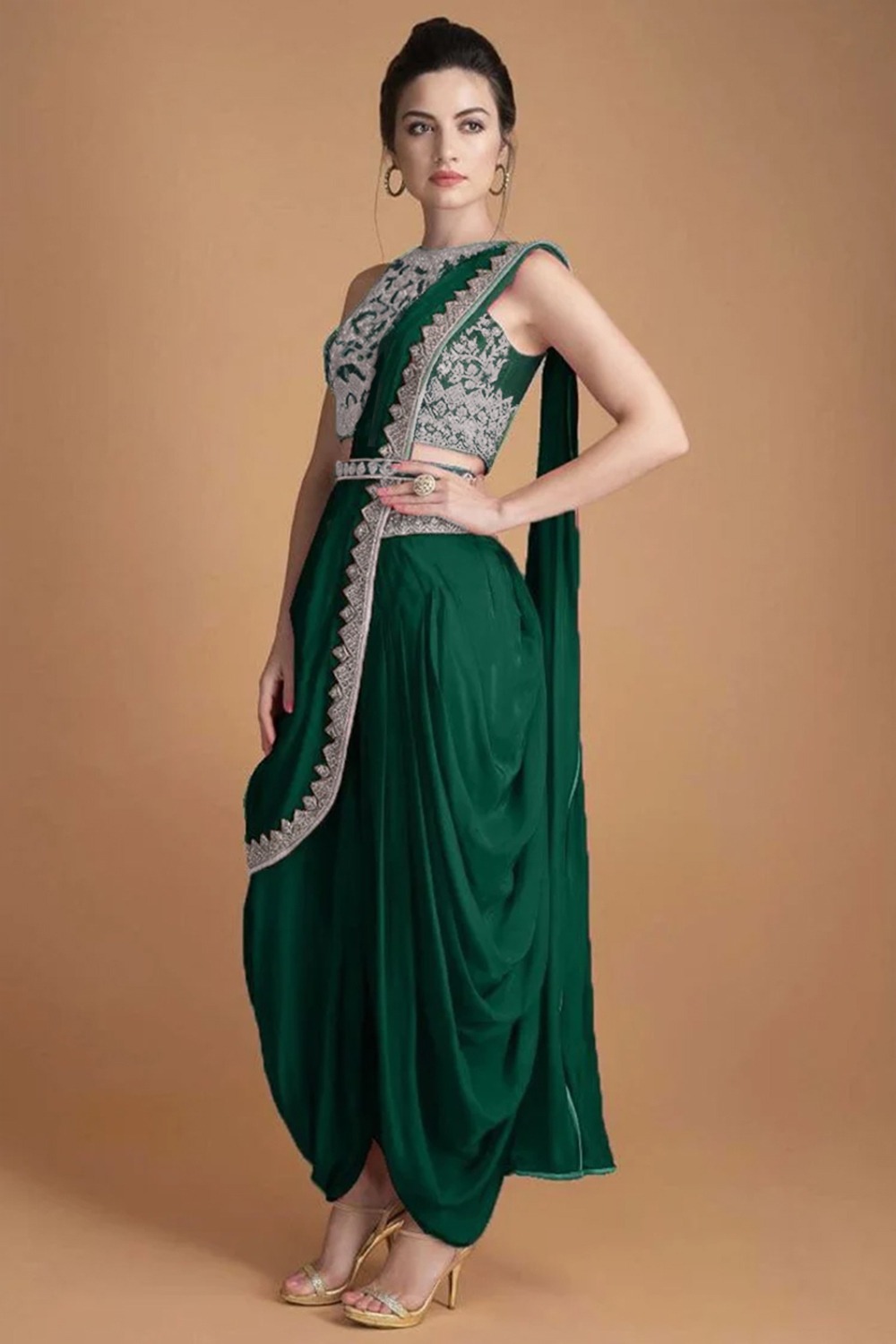 Patterned Resham Embroidered Silk Bottle Dhoti Style Green Pre Drape  Saree|SARV147658
