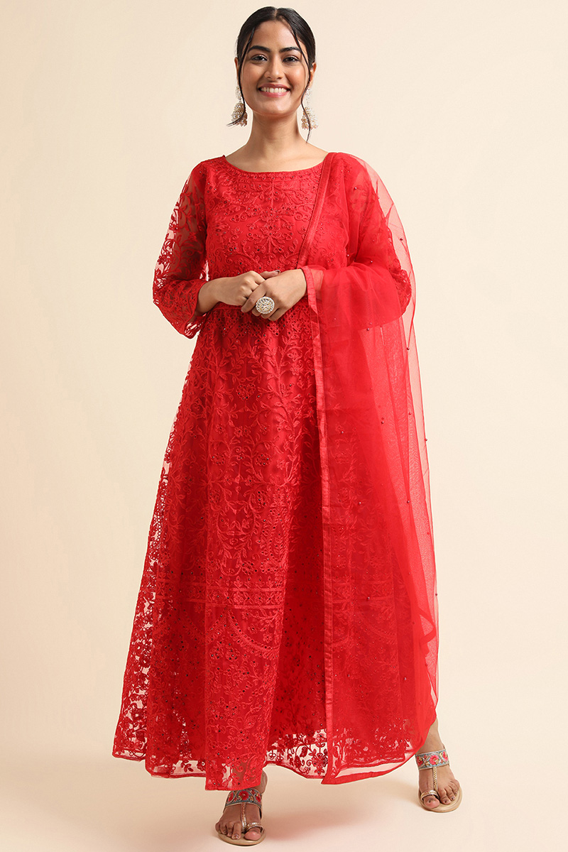 Resham Thread Embroidered Net Red A Line Anarkali Suit LSTV125778