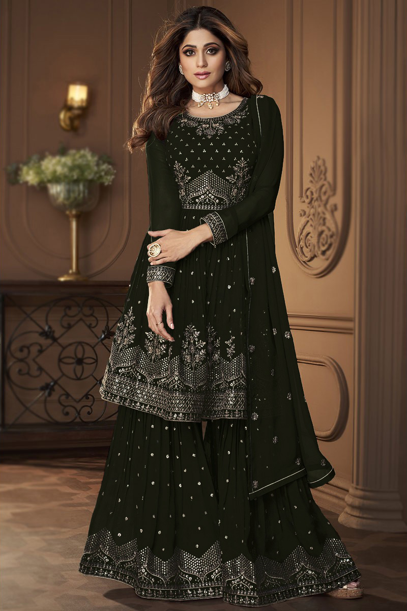 green emerald velvet dress Green Color Georgette With Heavy Embroidery Work Straghit Sharara Suit –  Sulbha Fashions