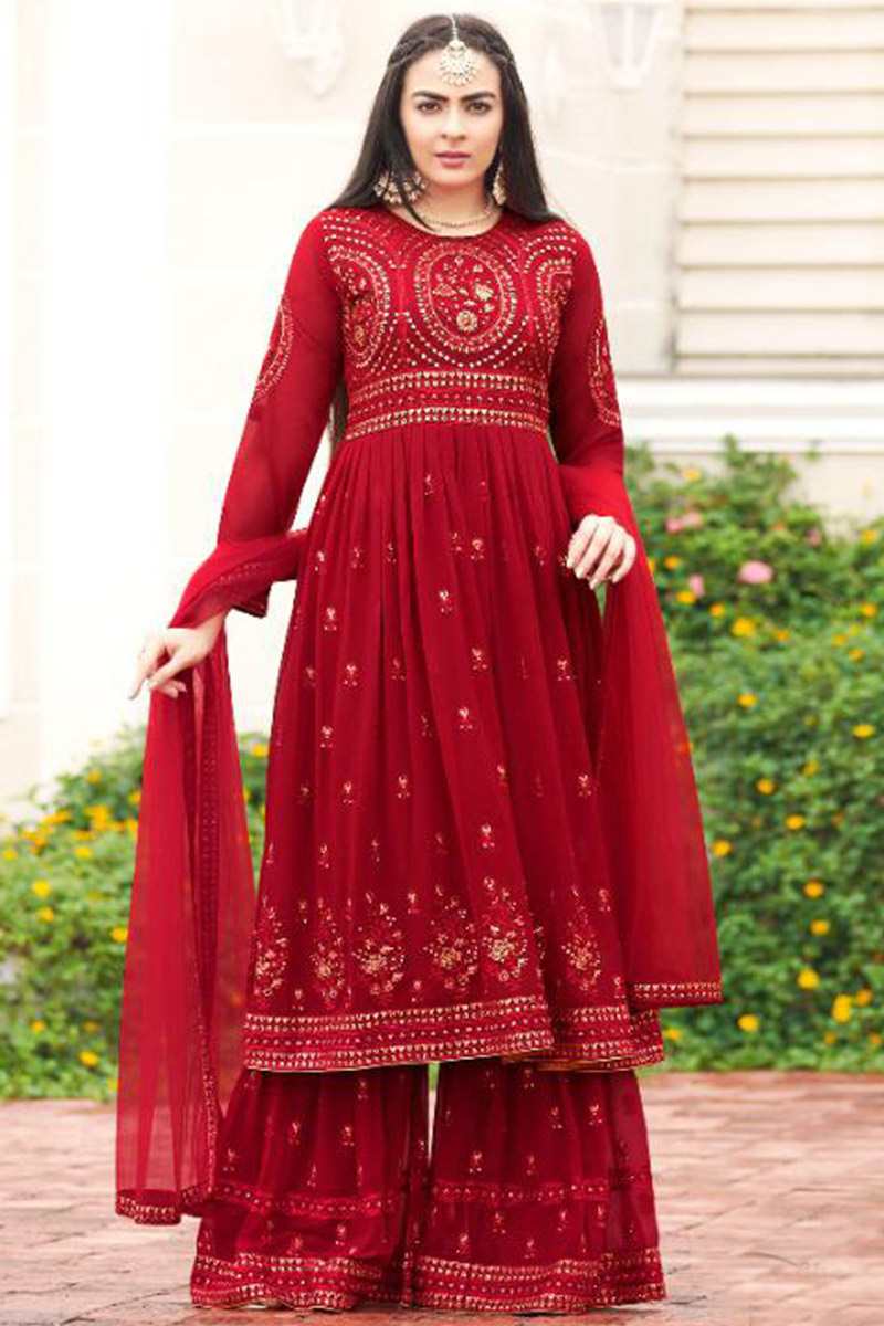 Red colour Georgette fabric kurta with sharara || embroidered suit|| wedding dress|| gift for buy her|| punjabi suit ||