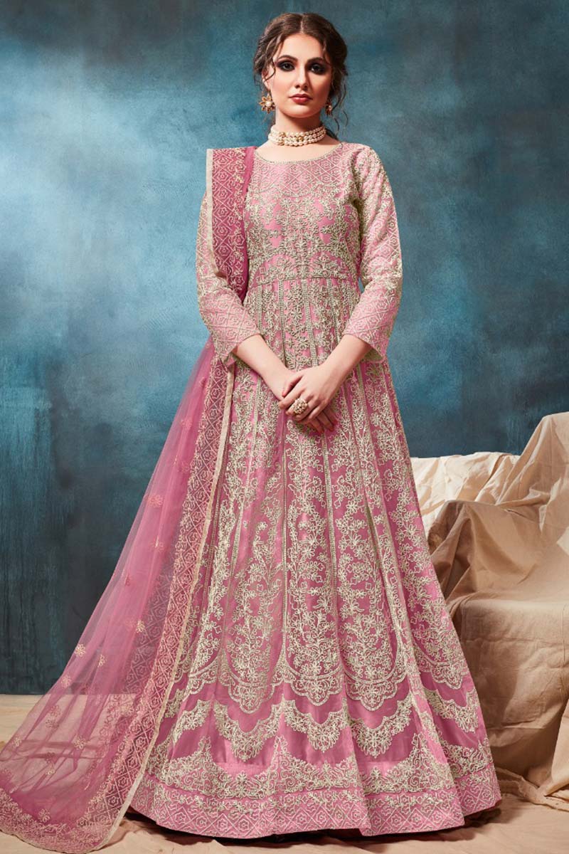 Buy Rose Pink Net Anarkali Suit With Dori Work Online LSTV03737