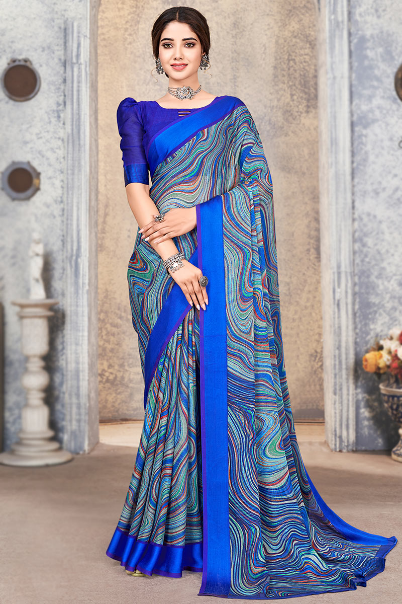 Abstract Print Party Wear Saree in Royal Blue Chiffon