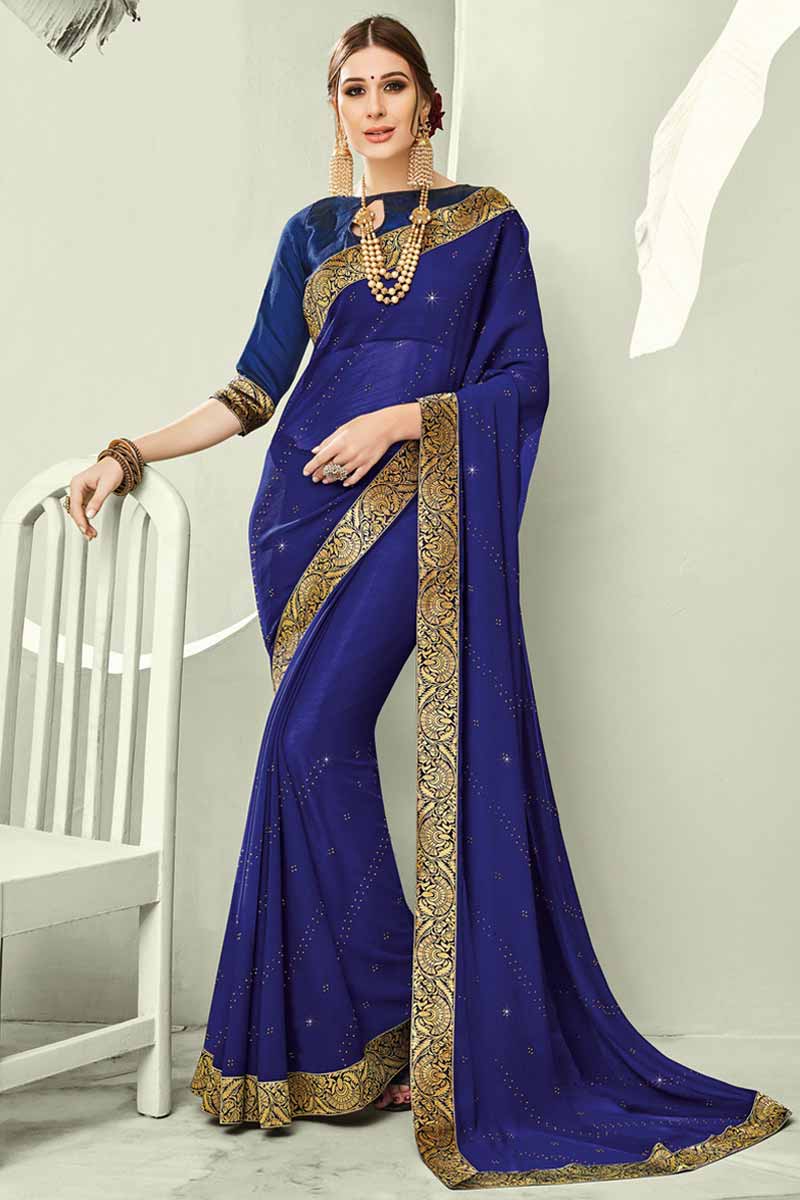 Buy Royal Blue Chiffon Saree With Silk Blouse Online - SARV01816 | Andaaz  Fashion