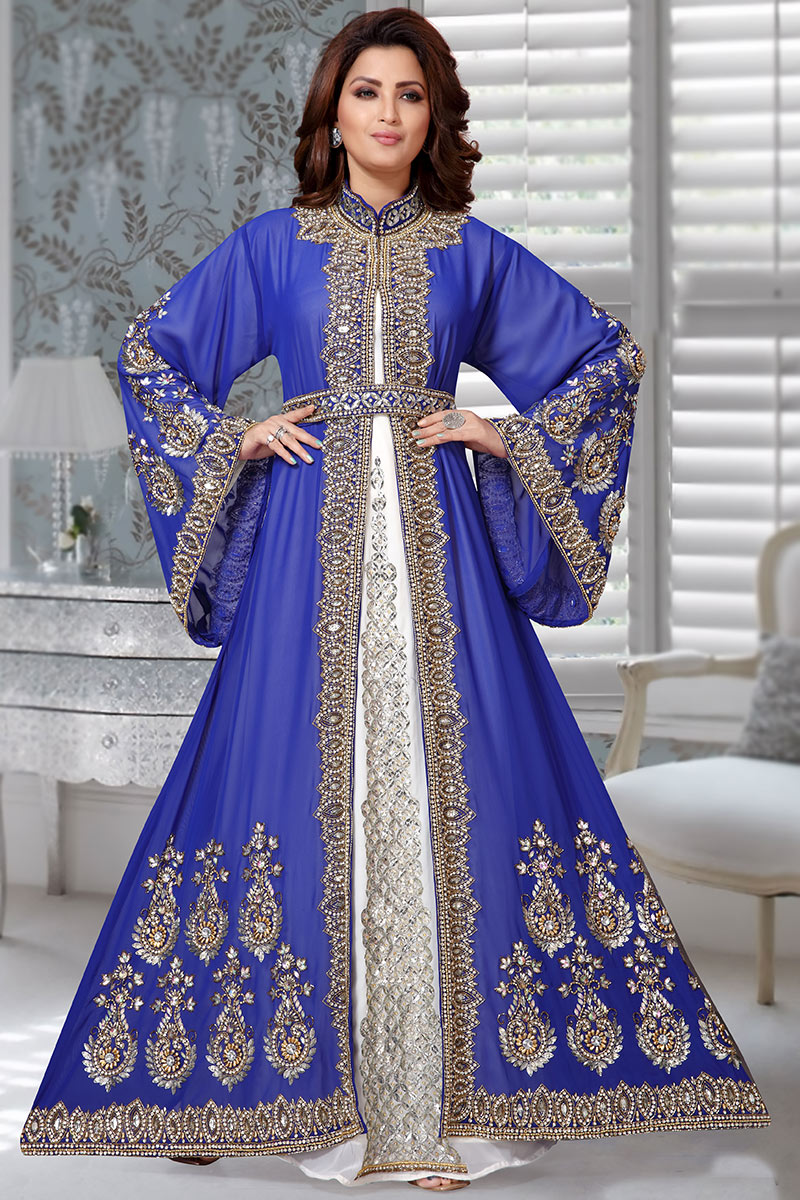 Stylist Royal Blue Georgette Embroidered Jacket Style Kurti LKV001669