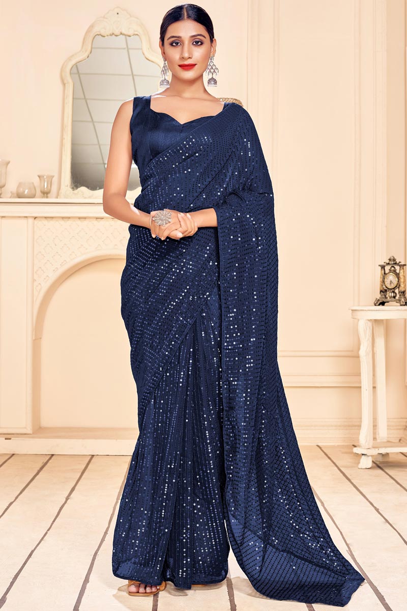 Bollywood Navy Blue Georgette Saree|SARV113563