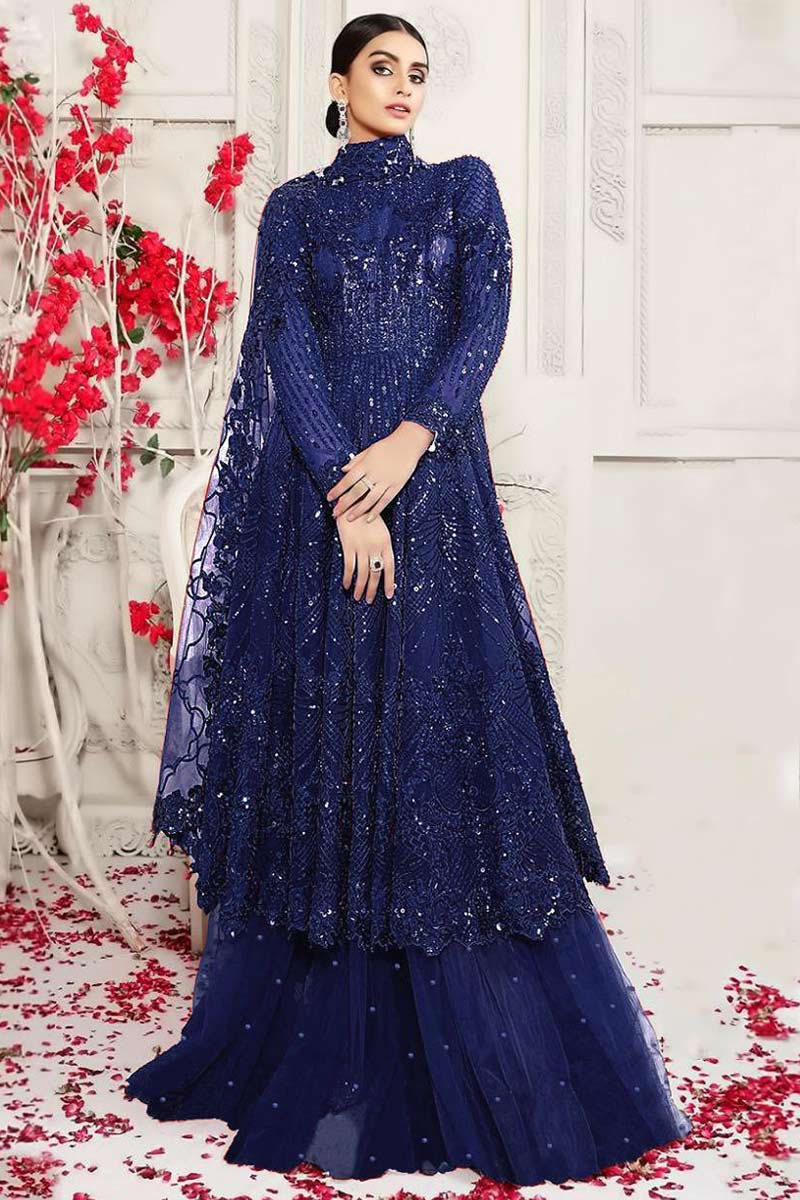 blue sharara dress Suit in Royal Embroidered Fabric LSTV111344 Type:Romper - Long Sleeve TRANQUILITY DROP 3 Calvin Klein logo-neckline gathered-waist Fully Stitched with Elastic