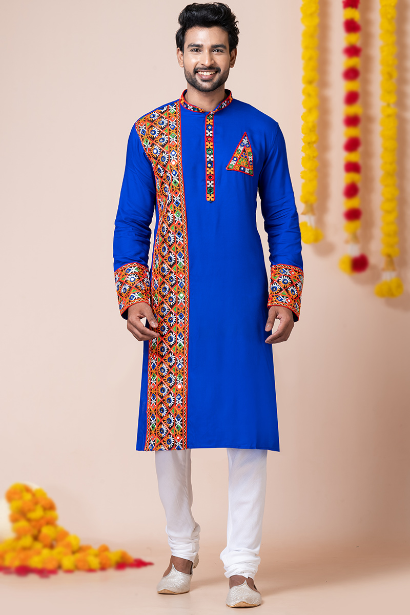 Royal Blue Rayon Lace Embroidered Navratri Men's Kurta With