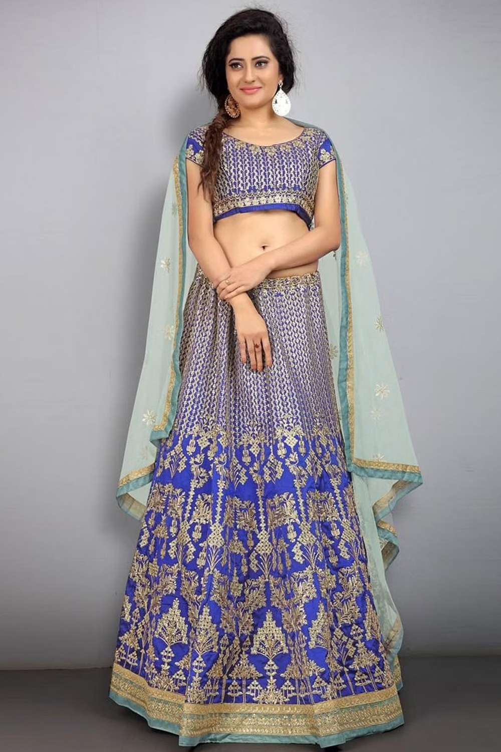 Royal Blue Silk Lehenga with Silver Embroidered Blouse & Rust Net Dupatta