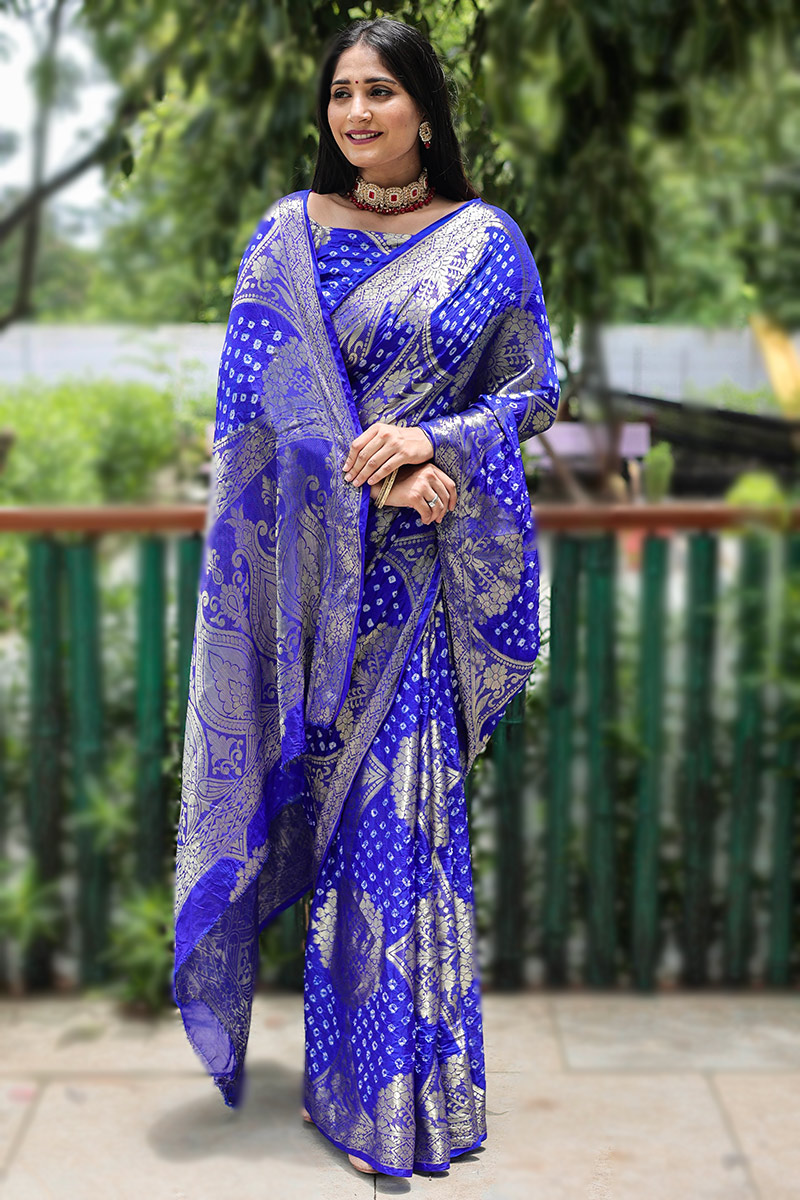 Royal Blue Silk Printed Saree with Matching Blouse