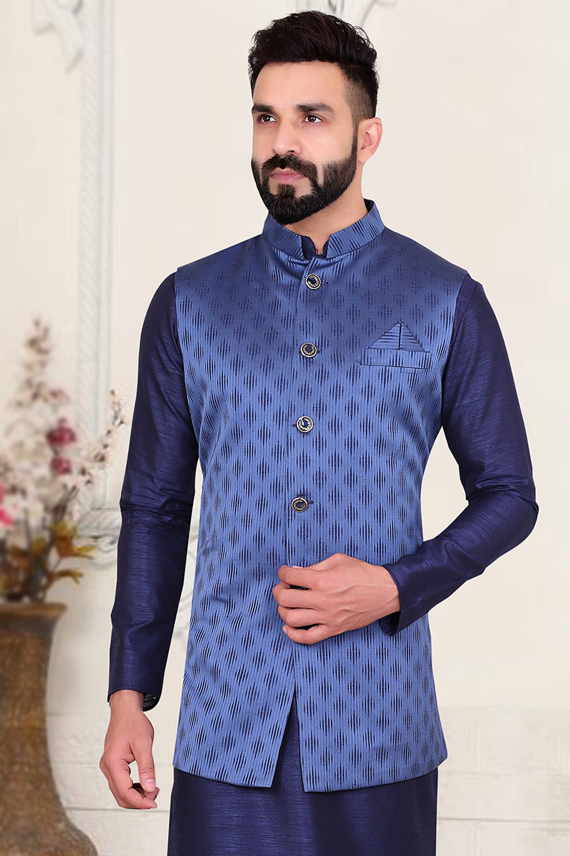 Royal Blue Woven Jacquard Men Nehru Jacket