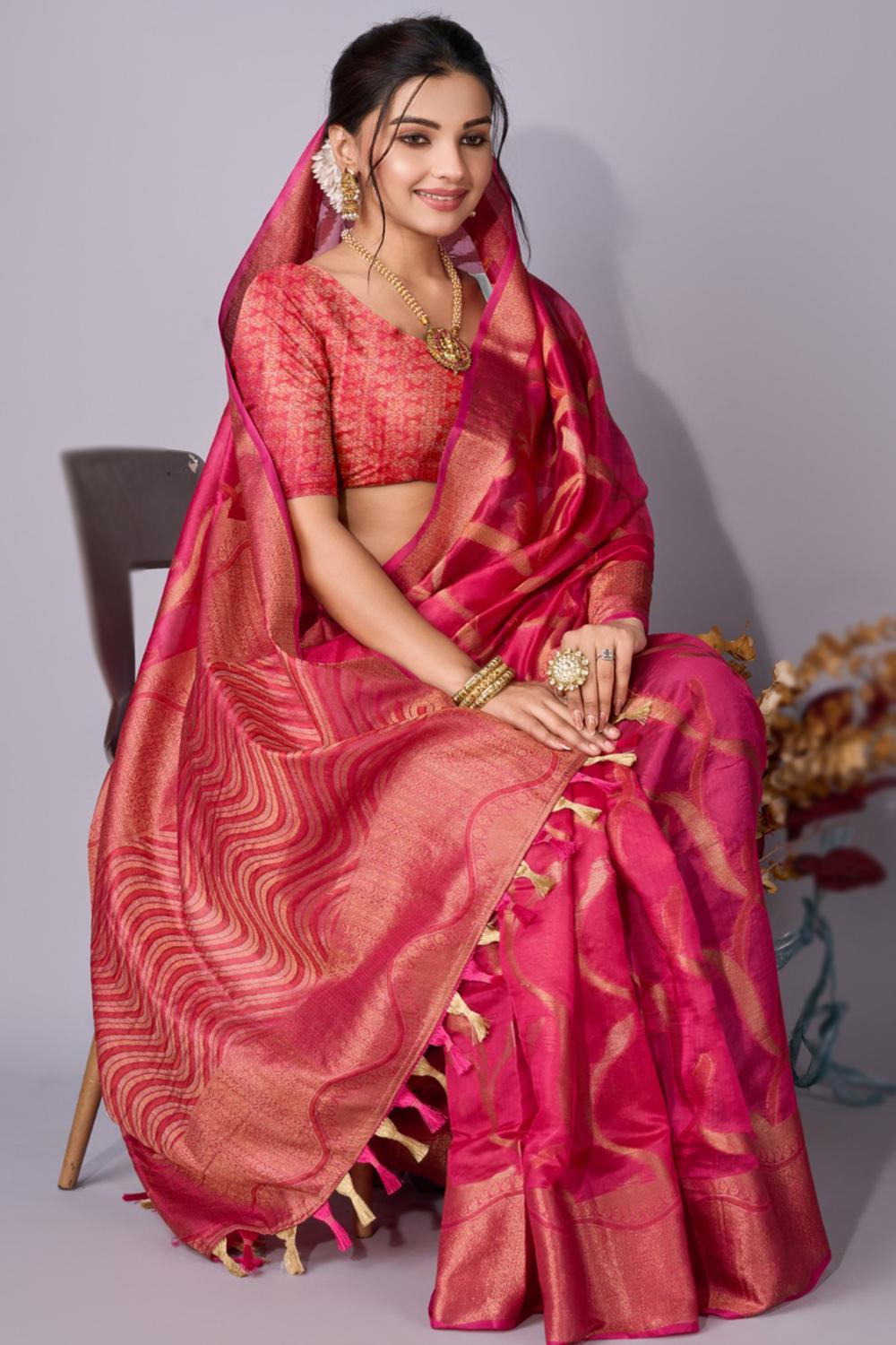 Ruby Pink Broad Border Weaved Zari Organza Saree SARV182737