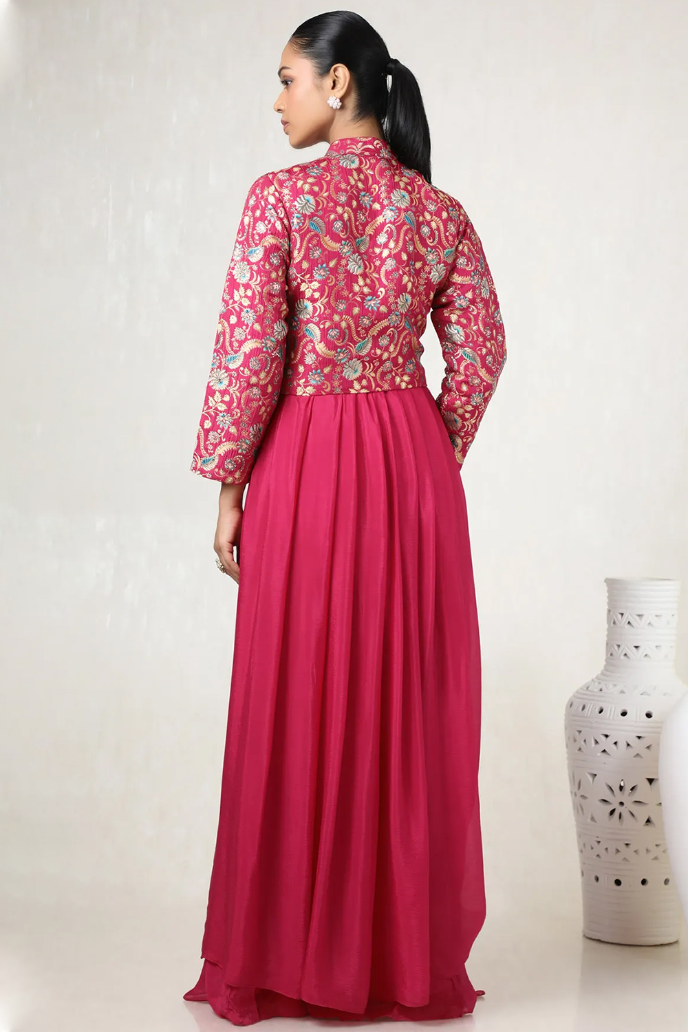 Ruby Pink Chinnon Gown with Zari Work for Party Wear LSTV136750