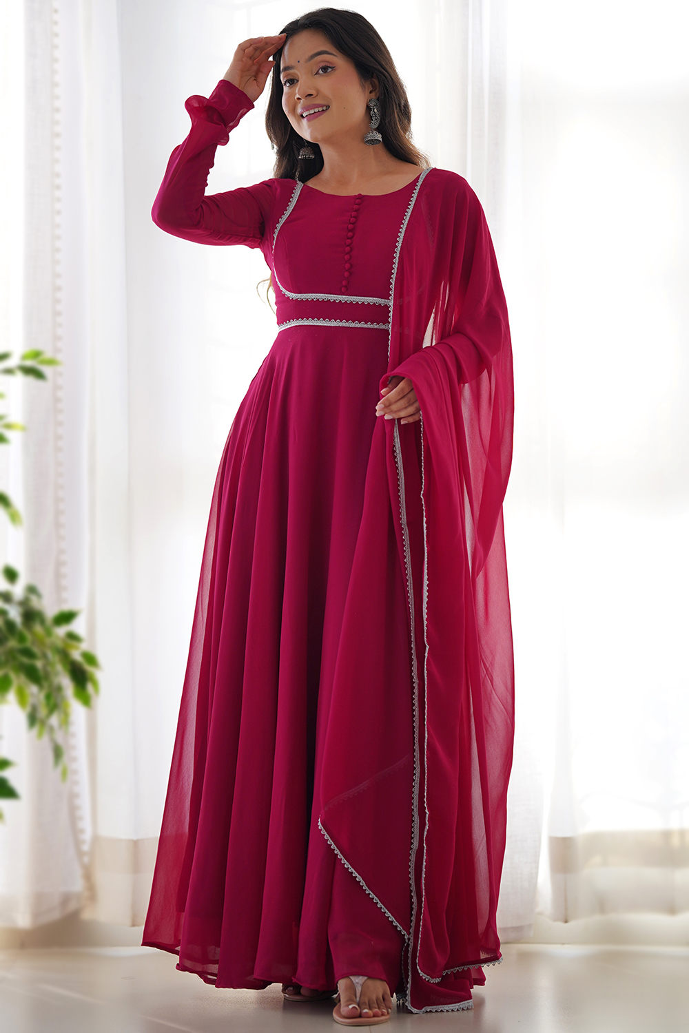 Ruby Pink Georgette Plain Anarkali Style Suit LSTV131055