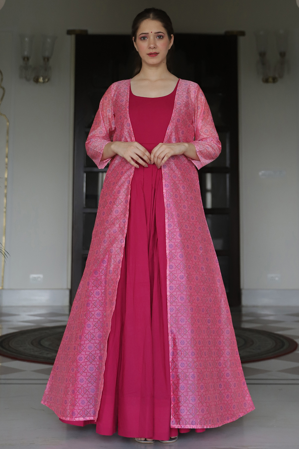Ruby Pink Jacket Style Cotton Casual Wear Gown LSTV130547