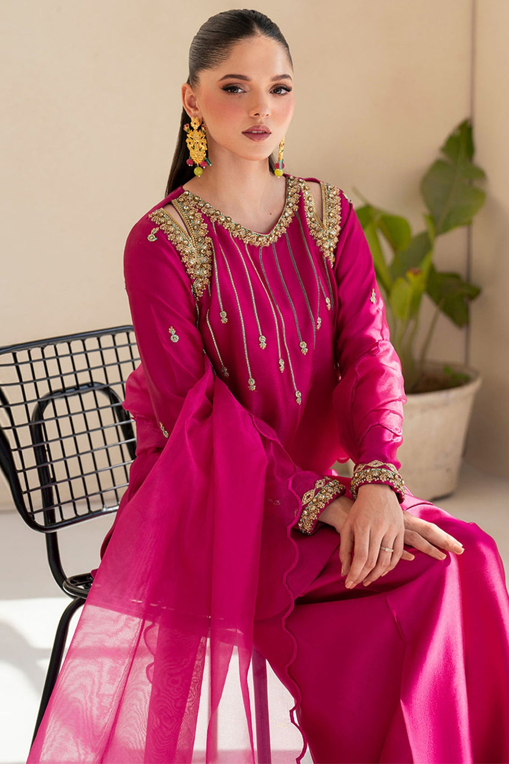 Andaaz Fashion Women's Ruby Pink Silk Embroidered Straight Cut Farshi Salwar Suit