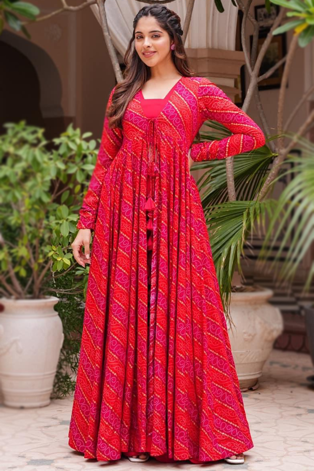Ruby Red Georgette Flared Style Plain Lehenga With Shrug LLCV120104