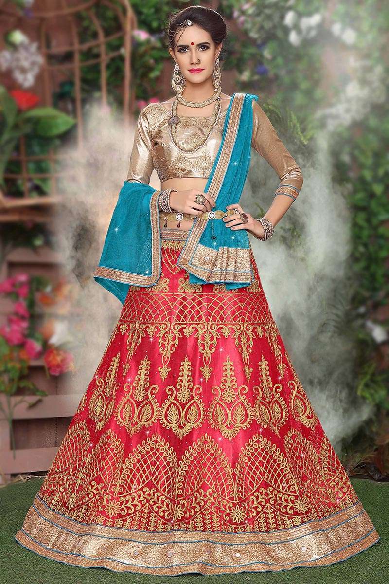Net Lehenga in Ruby Red colour with Stone Work for Bridesmaid 