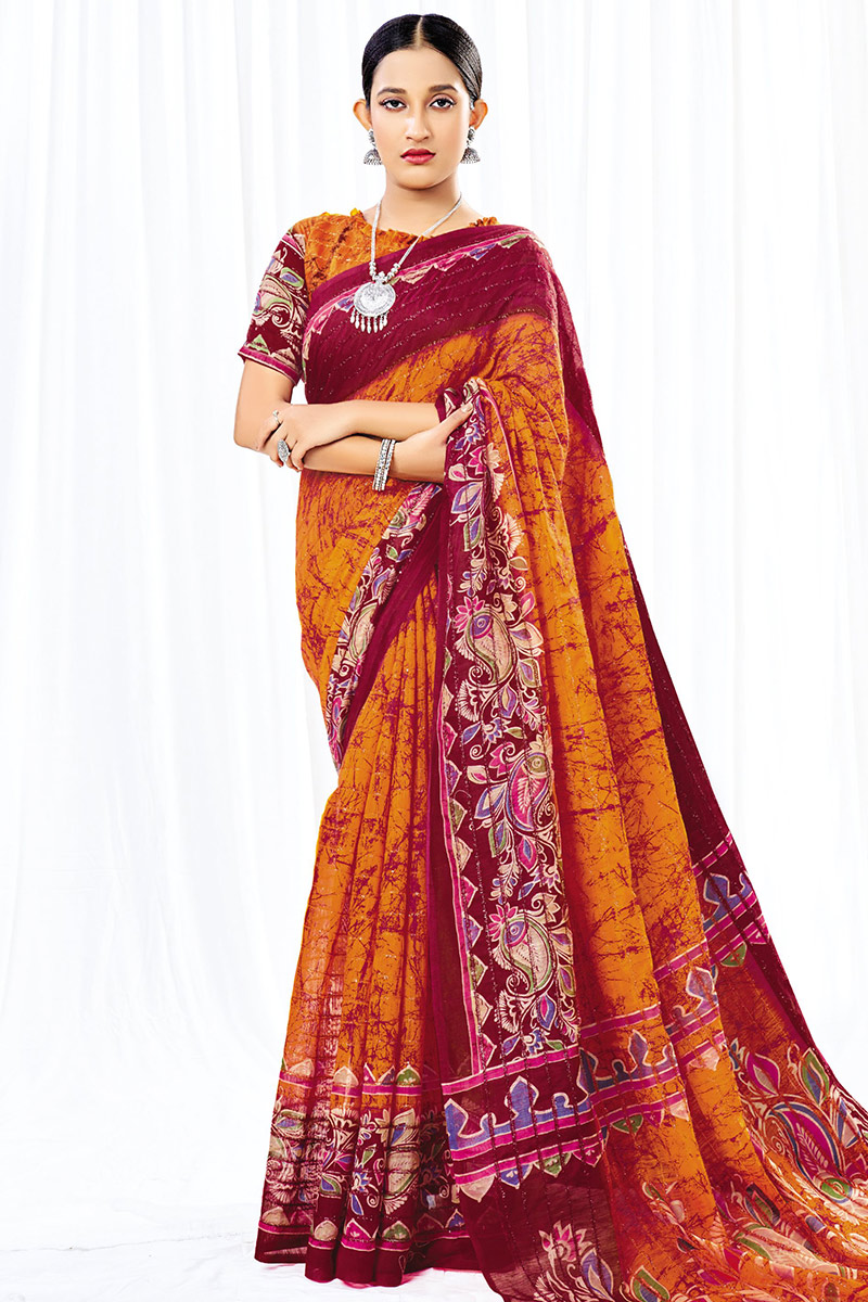 Rust Orange Batik Print Casual Wear Chanderi Cotton Saree SARV163744