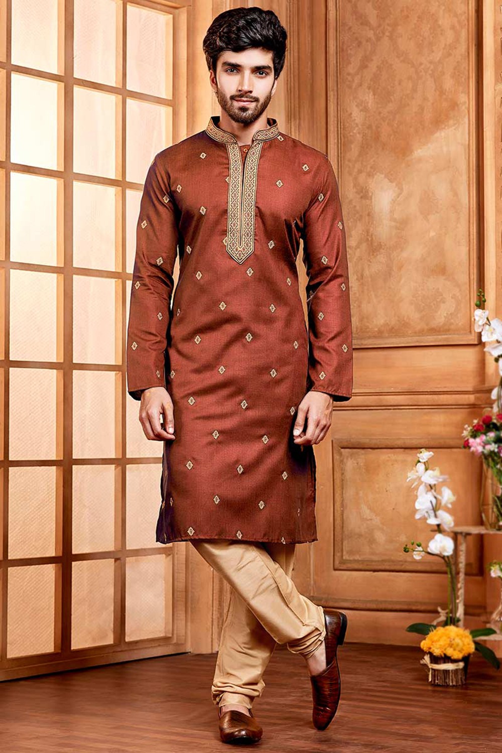 Elegant Rust Orange Men Kurta Pajama with Dori Work MKPA094
