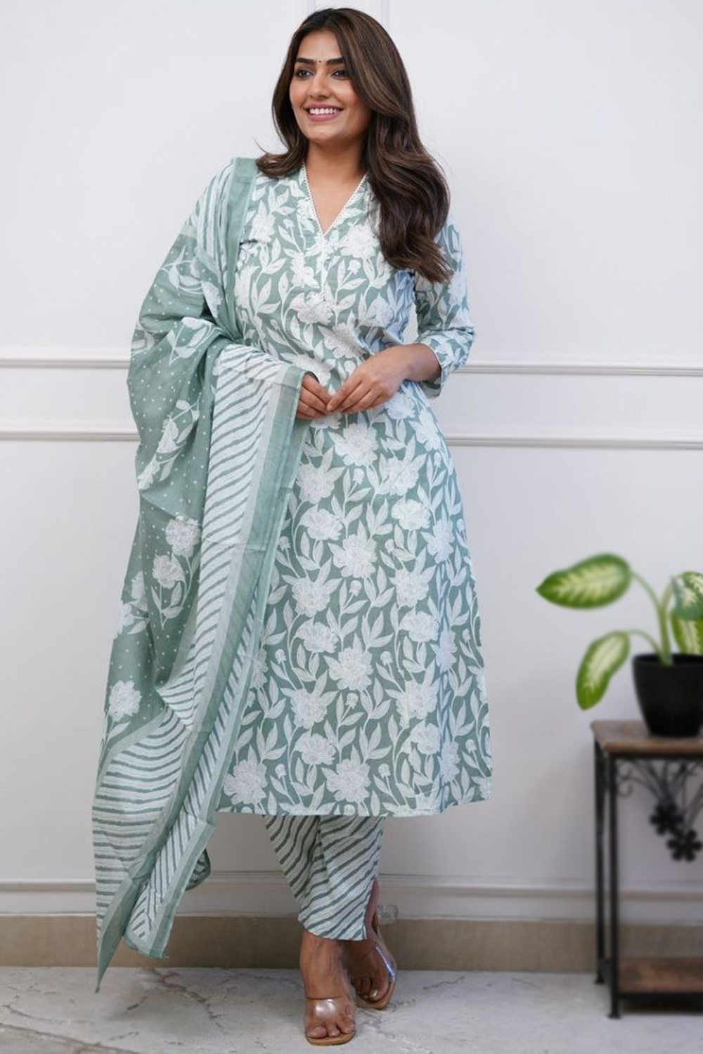 Sage Green Cotton Printed Casual Wear Trouser Suit LSTV130895 Sage Green Cotton Printed Casual Wear Trouser Suit LSTV130895